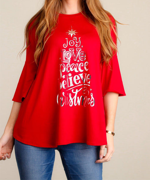 Red 3/4 bell sleeve “joy, love, peace” holiday top