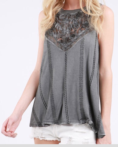 Sleeveless floral lace embroidered top charcoal