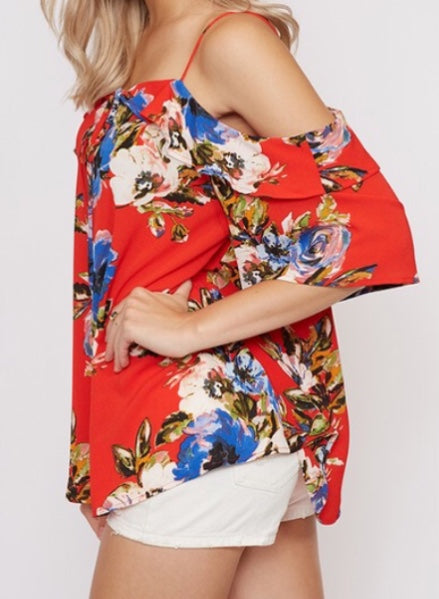 Open shoulder red floral top