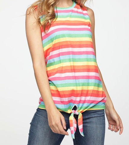 Rainbow print sleeveless top with shoulder cutout and front tie