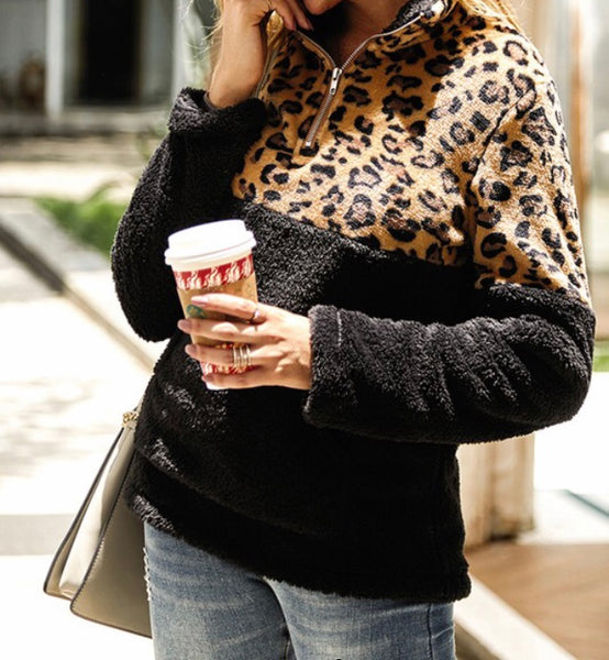 Leopard Sherpa 1/4 zip pullover