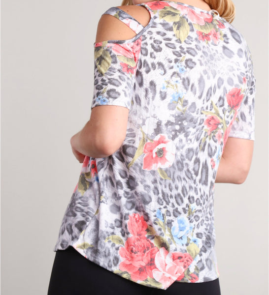 Grey animal print floral cold shoulder top