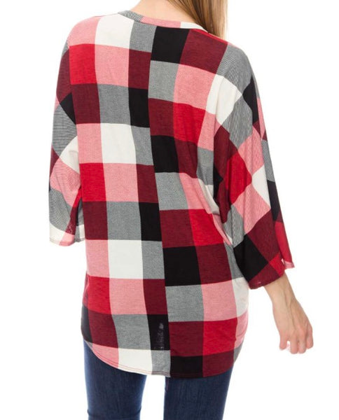 Plus red checkered front tie dolman 3/4 sleeve top