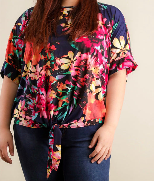 Plus navy floral tie hem top