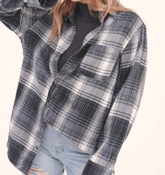 Smoke grey/black plaid flannel top