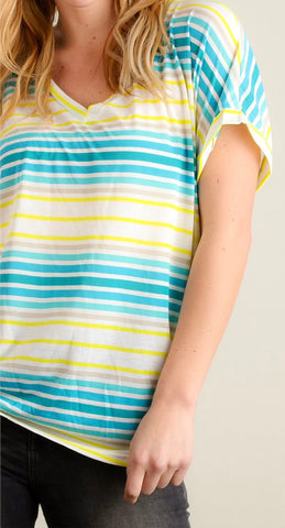 Teal and yellow striped v-neck top