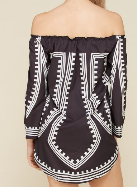 Off shoulder black tribal print top