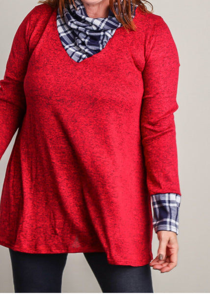 Plus red long sleeve with navy plaid cowl neck top