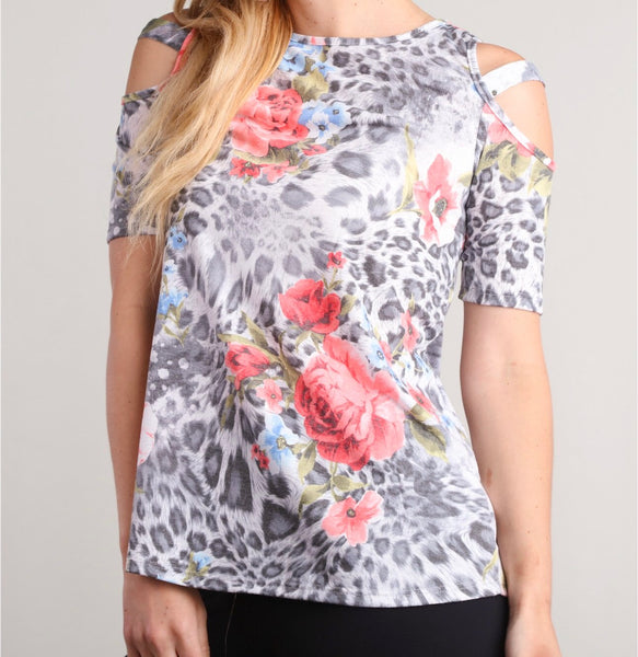 Grey animal print floral cold shoulder top