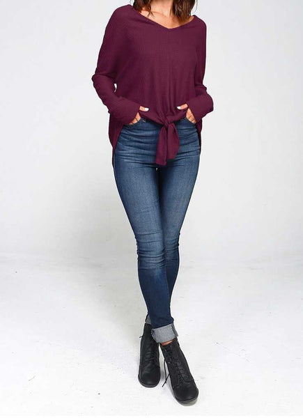 Plum waffle knit v-neck front tie top