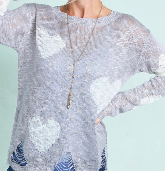 Silver heart print distressed sweater
