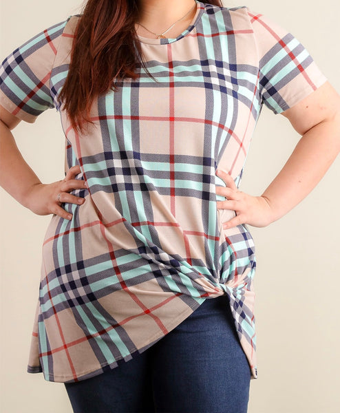 Plus pink/navy/teal plaid top with knotted hem