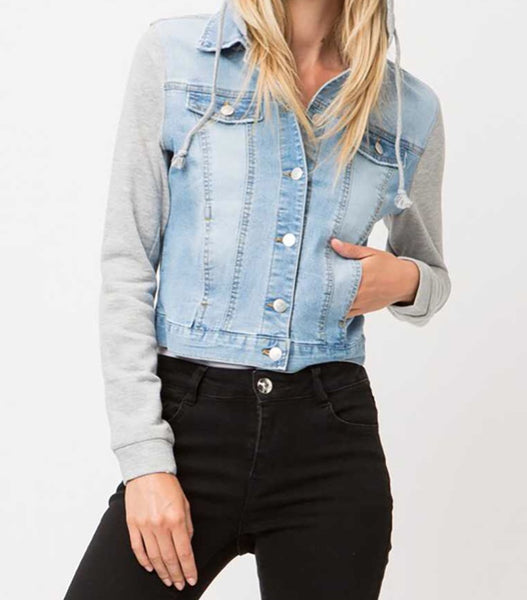 Denim jacket with sweatshirt sleeves and hood