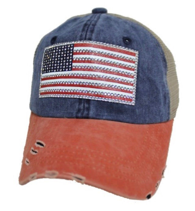Rust/navy rhinestone flag trucker hat
