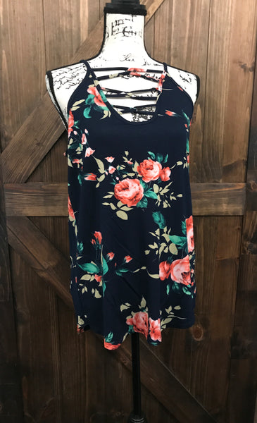 Floral caged neck tank