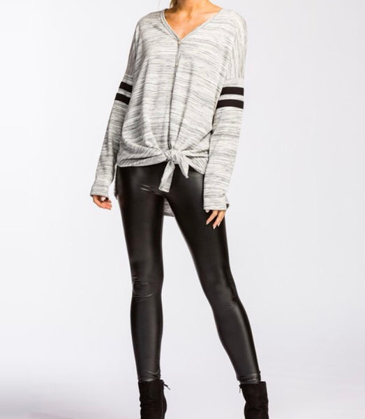 Heather gray front tie top with black striped detail on sleeve