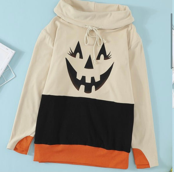 Pumpkin face cowl neck sweatshirt