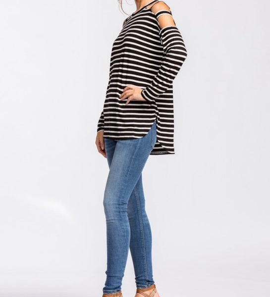 Black/white striped cutout sleeve top