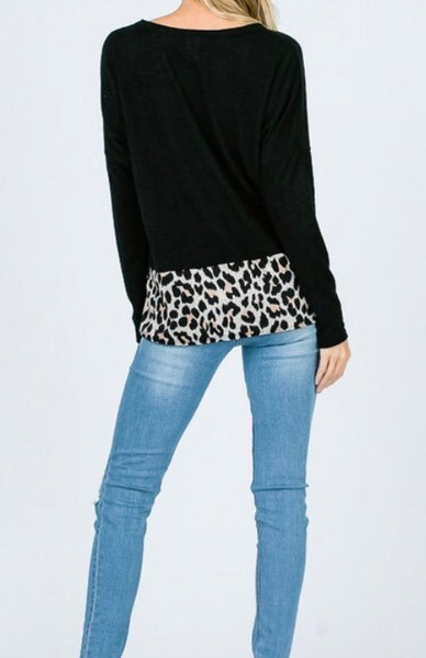 Black front tie top with leopard hem