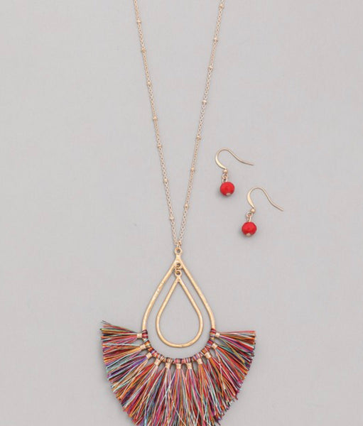 Necklace long teardrop tassel and earrings set