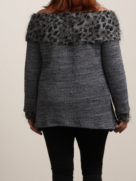 Gray sweater leopard neckline
