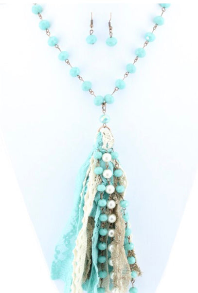 Fabric and pearl tassel necklace