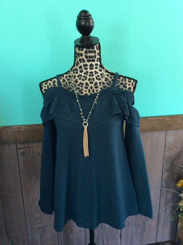 Open shoulder knit top in teal