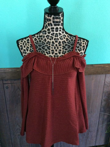 Open shoulder knit top in rust
