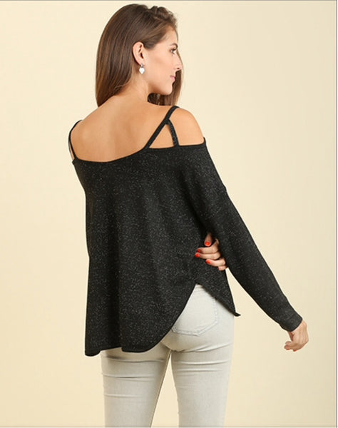 Black/silver open shoulder sweater