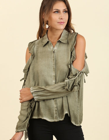 Olive mineral washed button up with ruffled open shoulder
