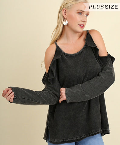 Plus ash long sleeve top with ruffled open sleeves