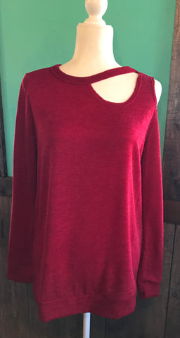 Red long sleeve cutout shoulder and neckline top