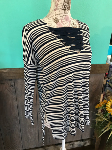 Navy striped long sleeve ribbed top
