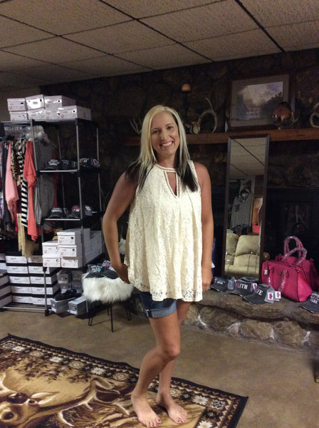 Sleeveless Cream lace keyhole top
