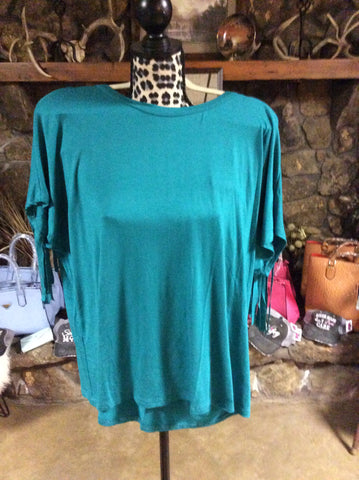 short sleeve dark jade top with fringe detail