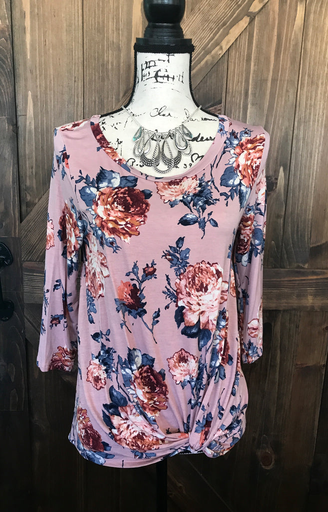 Pink floral 3/4 sleeve front twist top