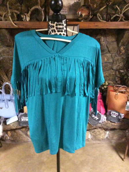short sleeve dark jade top with fringe detail