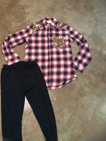 Plaid sequined shoulder & pocket button down