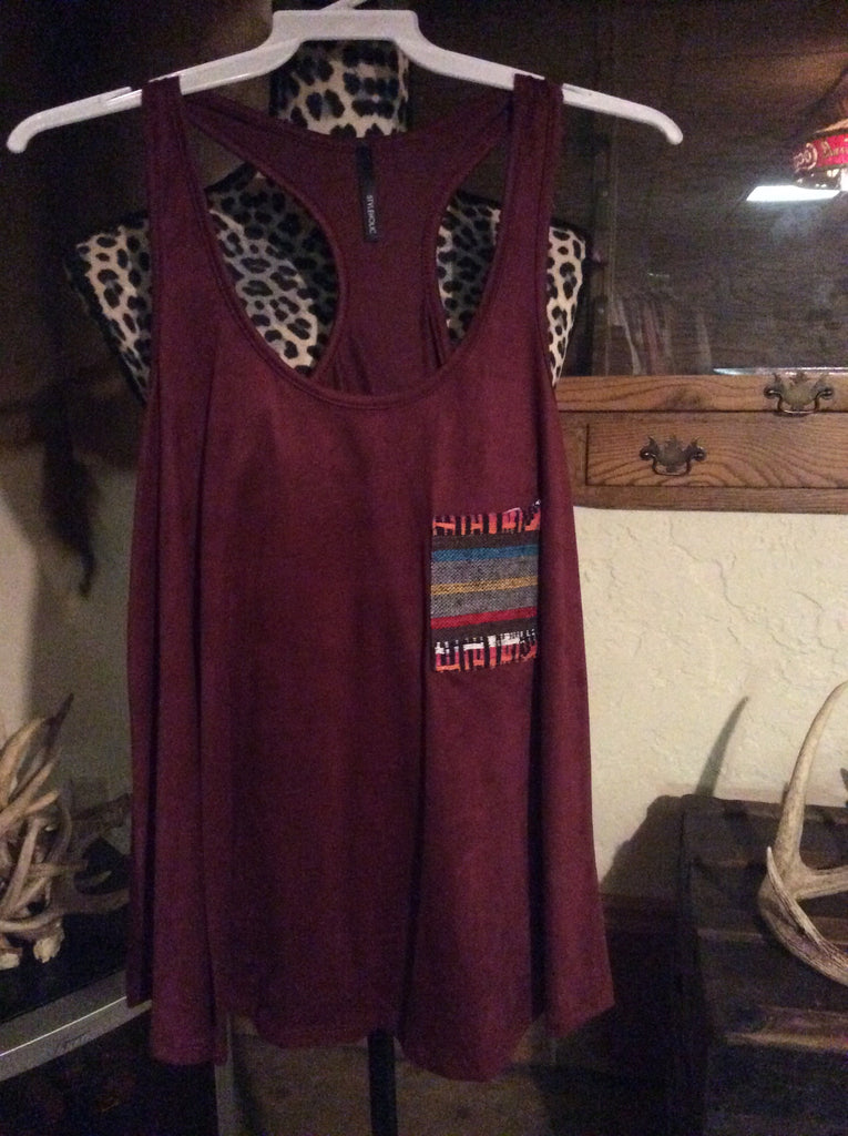 Suede tank embroidery pocket burgandy