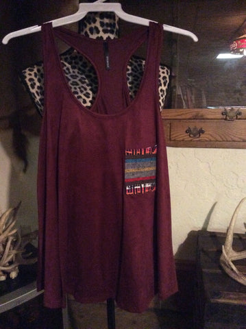 Suede tank embroidery pocket burgandy