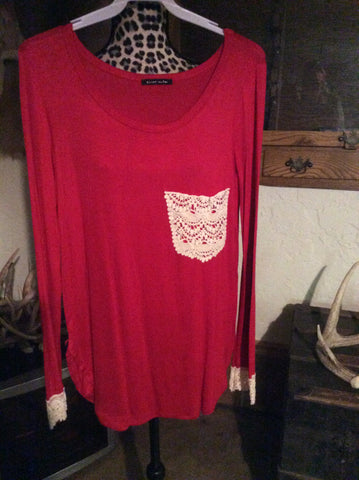 Red long sleeve lace pocket top