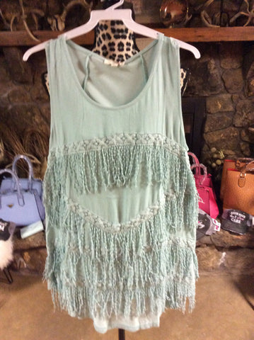 Sleeveless mint top with frayed fringe