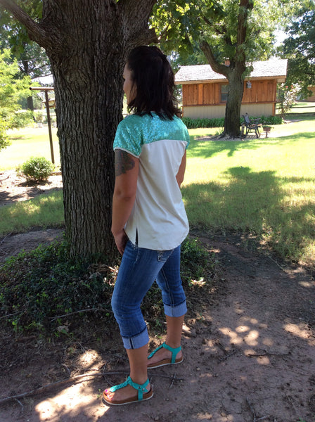 Suede sequin detail top ivory/mint