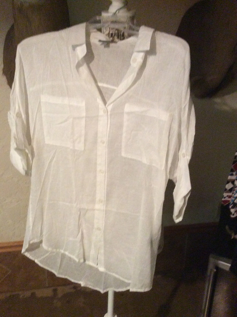 Sheer button down roll tag top white