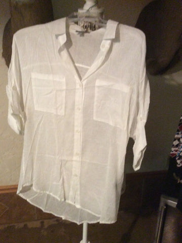 Sheer button down roll tag top white