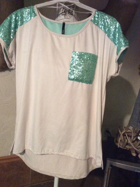 Suede sequin detail top ivory/mint